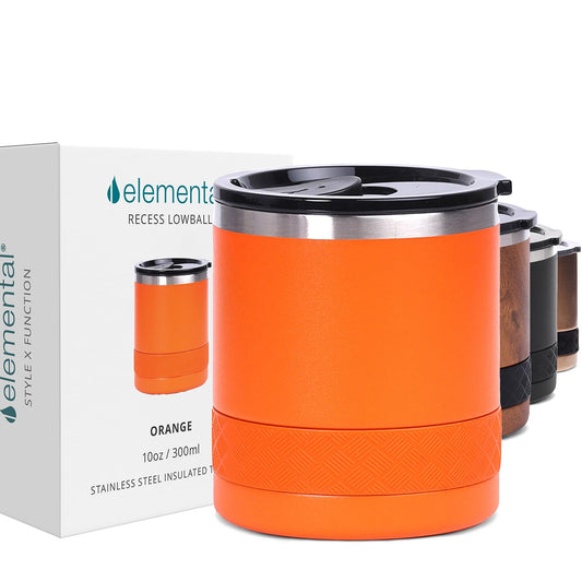 Elemental Recess Lowball Tumbler, 10oz Triple Wall Stainless Steel Cup with Non-Shattered Tritan Lid, Insulated Whiskey Glass, Insulated Coffee Tumbler Mug for Hot & Cold Drinks - Orange