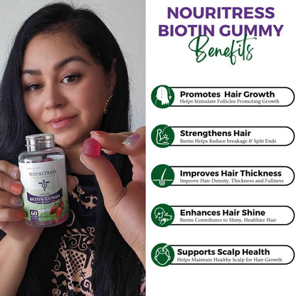 NouriTress Perfect Hair Biotin Gummies - 60 ct. | 5000 mcg | Soft Chew | Supports Healhty Hair, Skin and Nails | Strawberry Flavored | Soft Chew | 1 Month Supply