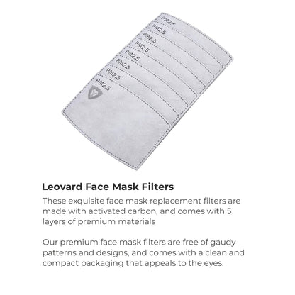 Leovard Face Mask Filters - 30 Premium PM2.5 Activated Carbon Filter - 5 Layered Replacement. Designed in USA
