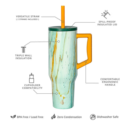 Elemental 40 oz Tumbler with Handle and Straw - Spill Proof Insulated Stainless Steel Commuter for Hot and Cold Beverages - Travel Coffee Mug with 2 Straws & Spill Proof Lid - 40oz - Aurora Glow