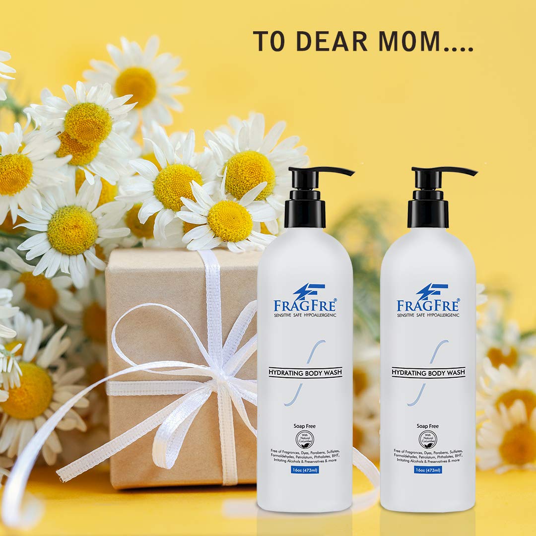 FRAGFRE Sensitive Body Wash 16 oz (2-Pack Gift Set) - Paraben Free Sulfate Free Body Cleanser - Hypoallergenic for Delicate and Flaky Skins - No Added Fragrance - Cucumber for Hydration - Vegan GF/CF