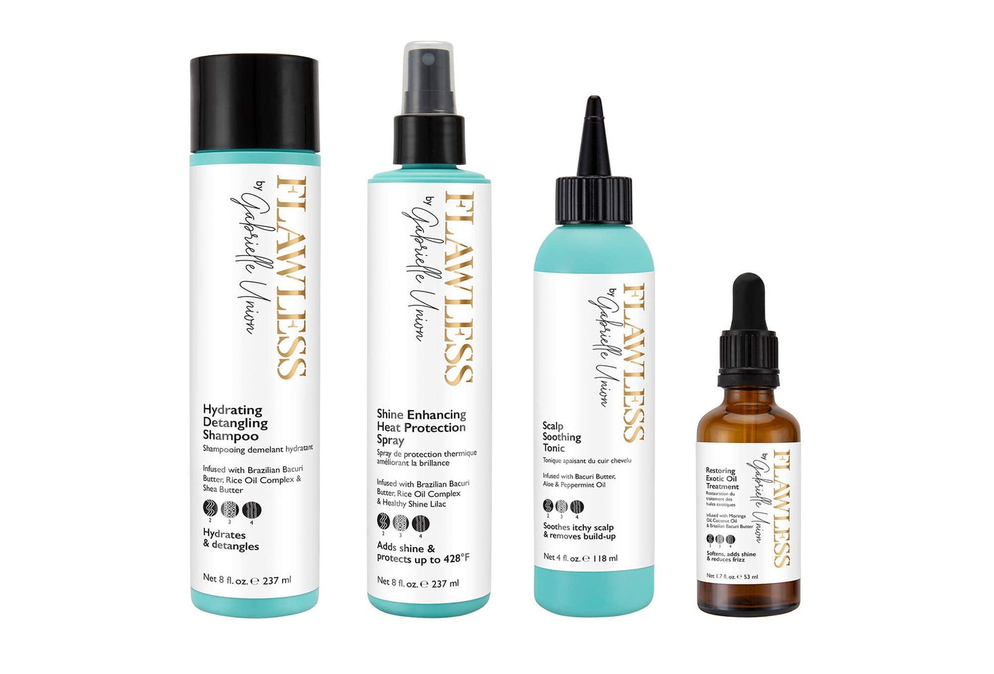 Flawless by Gabrielle Union Wig Hair Care Gift Bundle - Hydrating Shampoo, Heat Protectant Spray, Scalp Soothing Tonic, and Restoring Exotic Hair Oil