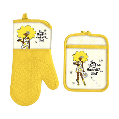 Shades of Color Bee Your Own MastHER Chef potholder: 8.75 x 6.75 inches , oven mitt: 12.75 x 7.25 inches