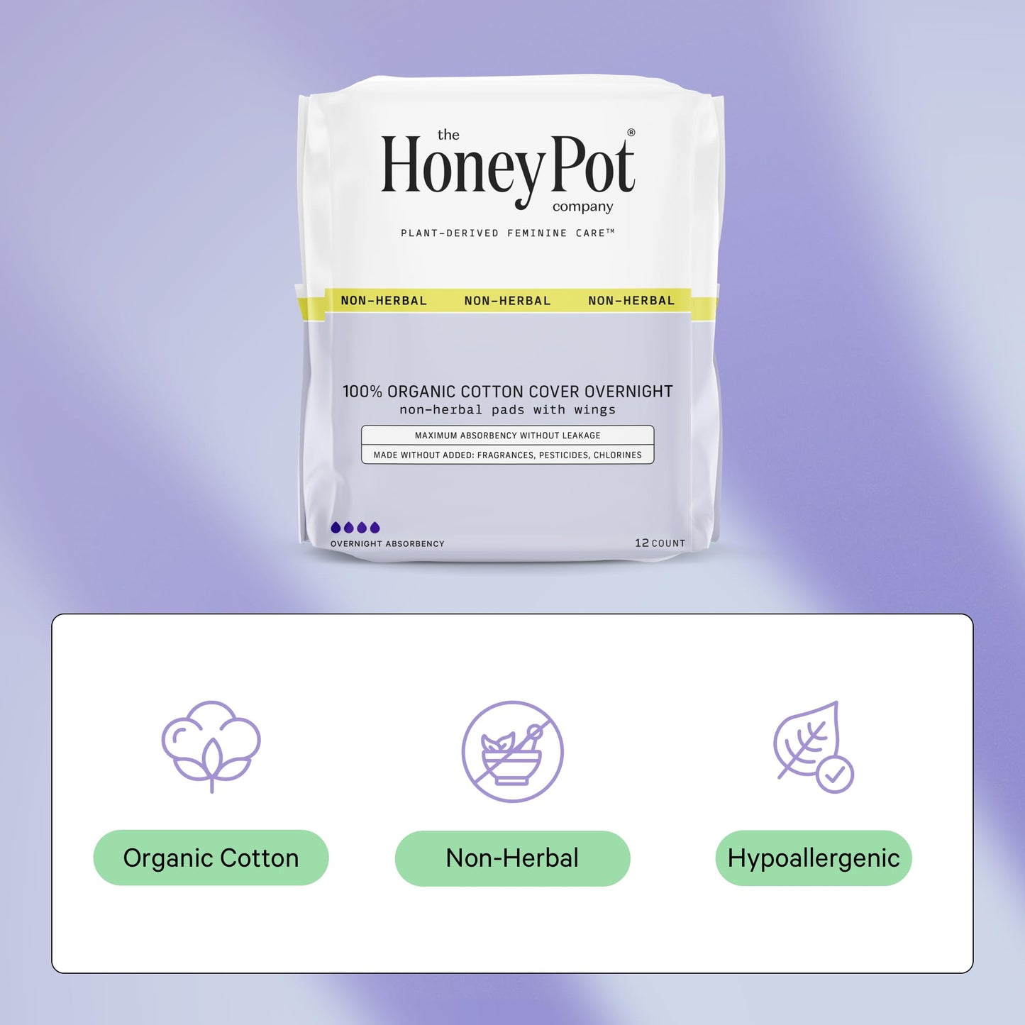 The Honey Pot Company - Pads for Women - Non-Herbal Overnight Pads w/Wings - Organic Cotton Cover, & Ultra-Absorbent Pulp Core - Sanitary Pads for Women - Feminine Care - FSA & HSA Eligible - 12 ct