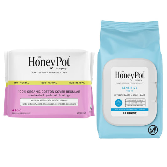 The Honey Pot Company - Non-Herbal Regular Pads & Sensitive Feminine Wipes Bundle - Sanitary Pads for Women - pH Balancing Wipes for Body or Face - Feminine Care - FSA & HSA Eligible