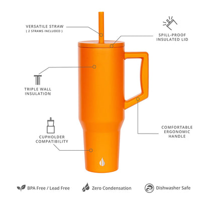 Elemental 40 oz Tumbler with Handle and Straw - Spill Proof Insulated Stainless Steel Commuter for Hot and Cold Beverages - Travel Coffee Mug with 2 Straws & Spill Proof Lid - 40oz - Orange