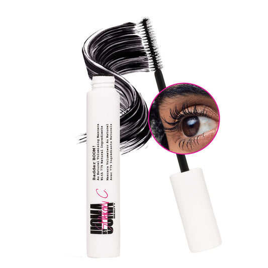 UOMA Mascara Black by Sharon C, Badder Boom Extreme Mascara Black Volume and Length, Vegan Mascara + Argan Oil for Lash Volume, Gentle Hypoallergenic Mascara for Sensitive Eyes, Lengthening Mascara