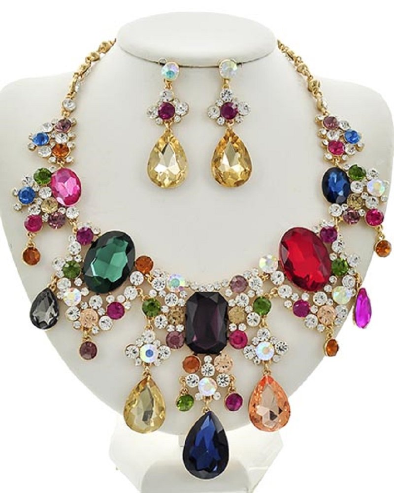 2Chique Boutique Women's Multi Color Acrylic & Glass Rhinestone Necklace Set