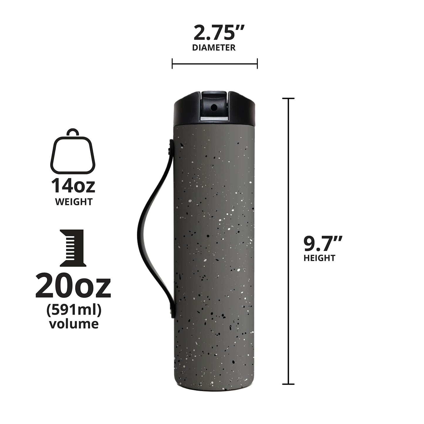 Elemental Iconic Stainless Steel Water Bottle with Straw - 20 oz Leak Proof Triple Wall Insulated Water Bottles for Travel and Sports - Reusable Gym Water Bottle with 2 Straws - Grey Speckle