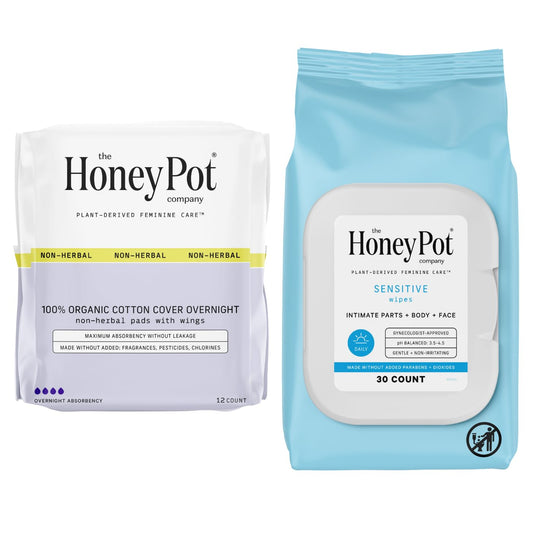 The Honey Pot Company - Non-Herbal Overnight Pads & Sensitive Feminine Wipes Bundle - Cotton Cover & Natural Hygiene Feminine Products - Sanitary Pads for Women - Feminine Care - FSA & HSA Eligible