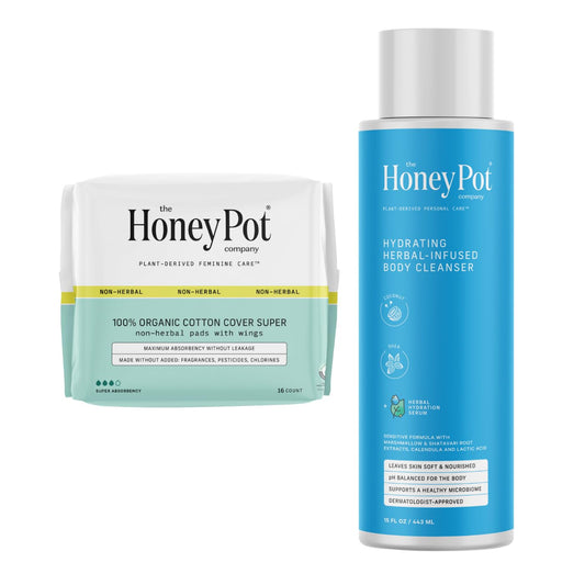 The Honey Pot Company - Non-Herbal Super Pads & Coconut Shea Body Cleanser Bundle - Sanitary Pads for Women - Hydrating Body Wash to Moisturize & Cleanse Skin - Feminine Care - FSA & HSA Eligible