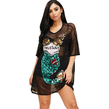 2Chique Boutique Women's Short Sleeve Black Mesh Tunic with Mermaid Sequins Design (Small)