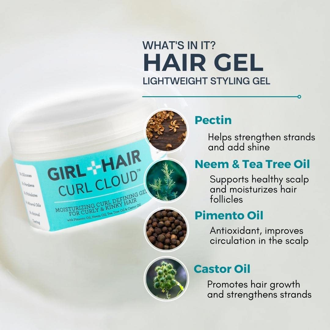GIRL+HAIR Moisturizing Curl Defining Hair Gel - Soft Hold Styling Gel for Curly Hair - Tea Tree & Castor Oil for Hydration and Hair Growth, Paraben-Free (8 fl oz)