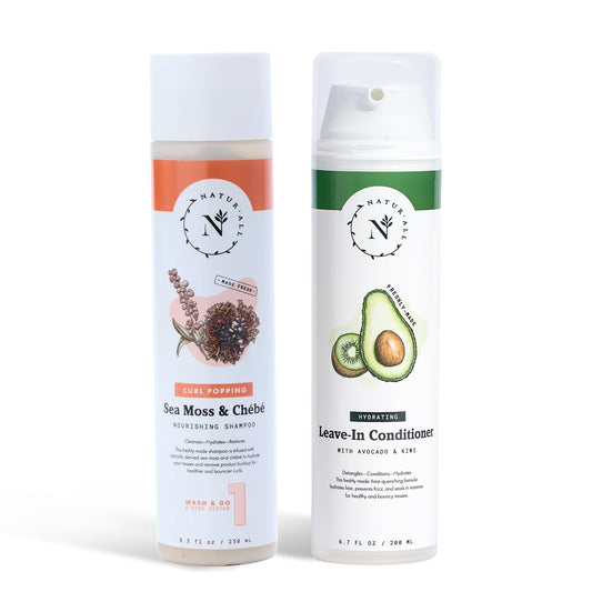 NaturAll Sea Moss & Chebe Shampoo & Avocado-Kiwi Leave In Conditioner Bundle - Hair Care Set for Frizz Control, Moisturization, Adding Shine & Nourishment- Paraben & Sulfate Free