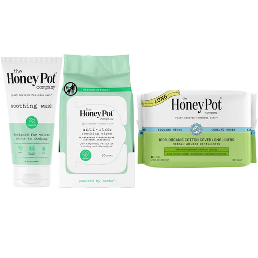 The Honey Pot Company - Anti-Itch Wash, Wipes, & Herbal Long Liners Bundle - Ultra Mild & Temporary Itch Relief Wash & Wipes - Pads Infused w/Essential Oils for Cooling Effect - Feminine Care