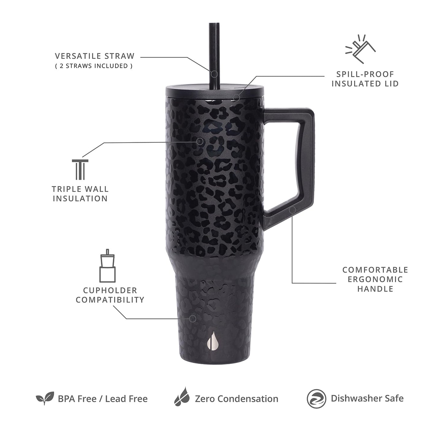 Elemental 40 oz Tumbler with Handle and Straw - Spill Proof Insulated Stainless Steel Commuter for Hot and Cold Beverages - Travel Coffee Mug with 2 Straws & Spill Proof Lid - 40oz - Black Leopard