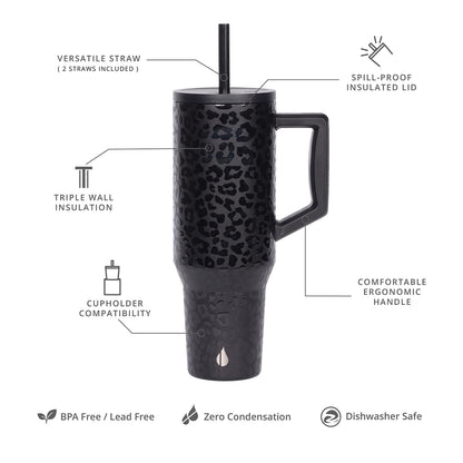 Elemental 40 oz Tumbler with Handle and Straw - Spill Proof Insulated Stainless Steel Commuter for Hot and Cold Beverages - Travel Coffee Mug with 2 Straws & Spill Proof Lid - 40oz - Black Leopard