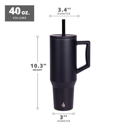 Elemental 40 oz Tumbler with Handle and Straw - Spill Proof Insulated Stainless Steel Commuter for Hot and Cold Beverages - Travel Coffee Mug with 2 Straws & Spill Proof Lid - 40oz - Black