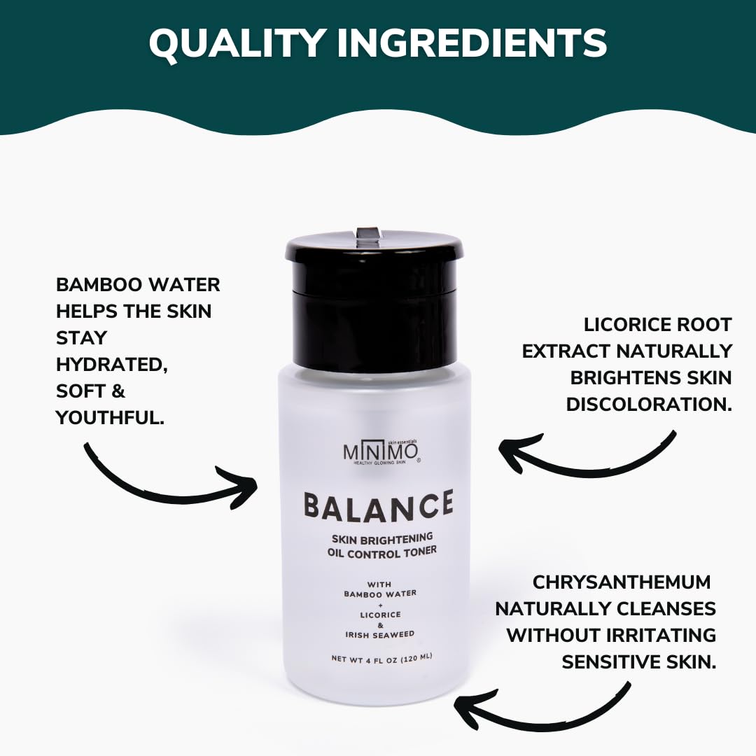 Minimo Balance Skin Brightening + Oil Control Daily Facial Toner - Hydrate & Detox Skin & Even Skin Tone - with Witch Hazel & Bamboo Water - Alcohol Free 4 oz
