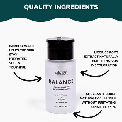 Minimo Balance Skin Brightening + Oil Control Daily Facial Toner - Hydrate & Detox Skin & Even Skin Tone - with Witch Hazel & Bamboo Water - Alcohol Free 4 oz