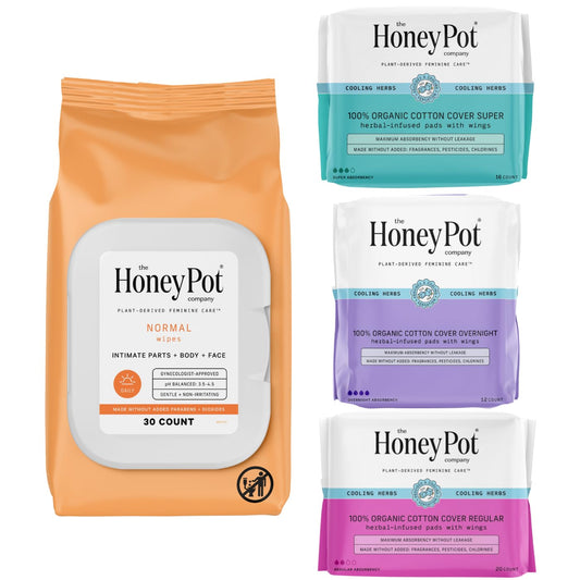 The Honey Pot Company - Feminine Wipes & Herbal Pads for Women - Menstrual Ritual Bundle - Wipes for Intimate Parts, Body, or Face - Pads Infused w/Essential Oils for Cooling Effect - FSA & HSA
