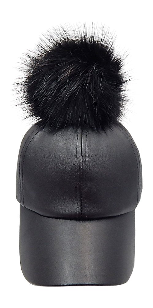 2Chique Boutique Women's Black Leather Big Pom Pom Baseball Hat (Black)