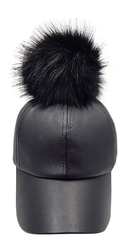 2Chique Boutique Women's Black Leather Big Pom Pom Baseball Hat (Black)