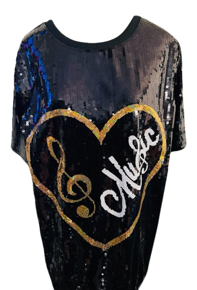2Chique Boutique Women's Sequin T Shirt Dress Heart Music Treble Clef One Size Black Mini Dress