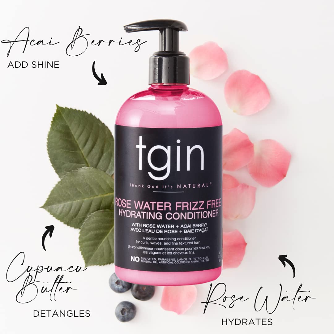 tgin Rose Water Frizz-Free Hydrating Conditioner for Curls - Waves - Great for low porosity hair - Fine hair 13oz