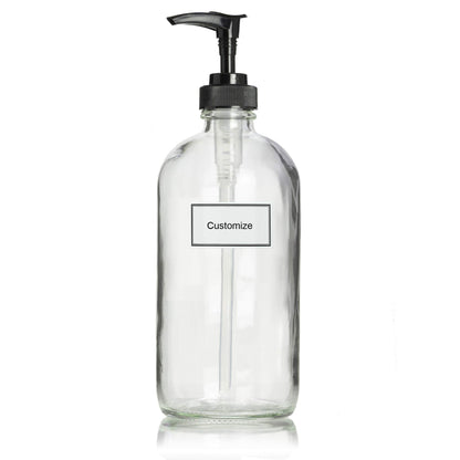 Artanis Home Glass Bottle Including Black Plastic Pump and Customized Waterproof Label, 16 oz Boston Round, Clear