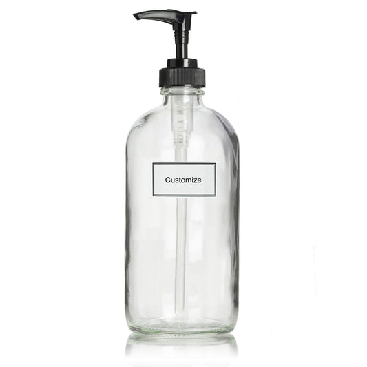 Artanis Home Glass Bottle Including Black Plastic Pump and Customized Waterproof Label, 16 oz Boston Round, Clear