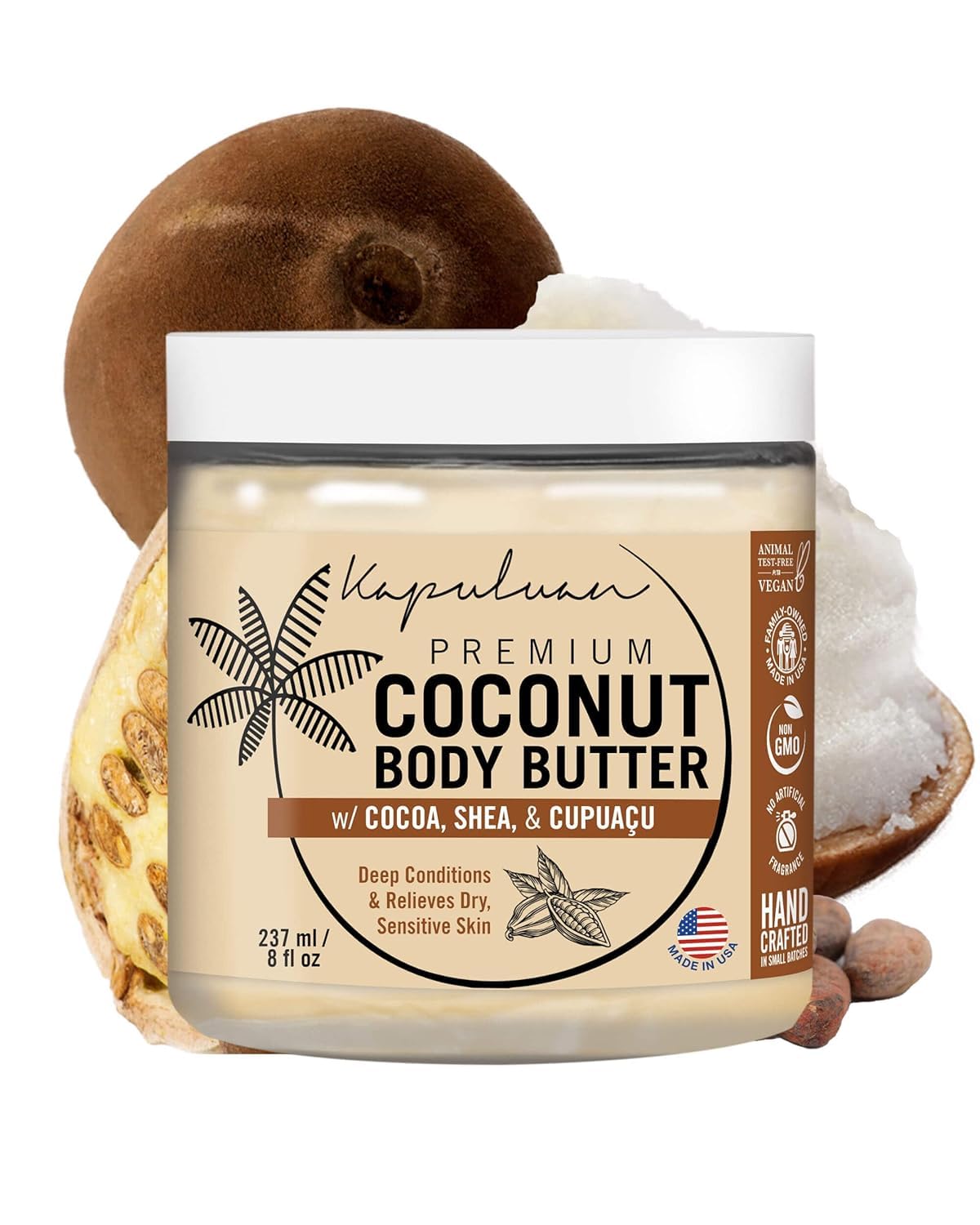 Kapuluan Coconut Body Butter for Women Dry Skin, Body Butter with Raw Coconut Oil, Cocoa Butter, Shea Butter & Cupuaçu Butter, Body Cream Whipped Body Butter for Women (Coconut Scent)