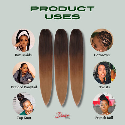 Dosso Beauty 3 Pack Hypoallergenic Pre-Stretched Braiding Hair, 28 Inches, Itch-Free, Fast Drying, Hot Water Set, Light-weight-85g, Synthetic, Natural Looking color- (#2)