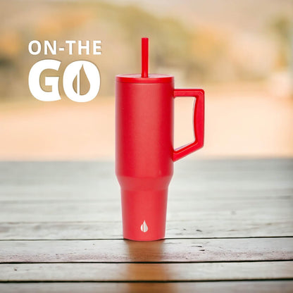 Elemental 40 oz Tumbler with Handle and Straw - Spill Proof Insulated Stainless Steel Commuter for Hot and Cold Beverages - Travel Coffee Mug with 2 Straws & Spill Proof Lid - 40oz - Red