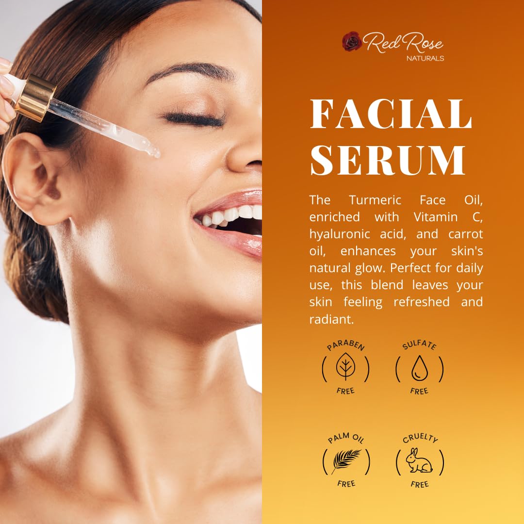 Red Rose Naturals Turmeric Face Oil - Facial Serum & Moisturizer with Vitamin C for Women & Men, Hydrates & Revitalizes Dull Skin - All Skin Types - Made with Turmeric Essential Oil- 1 oz.