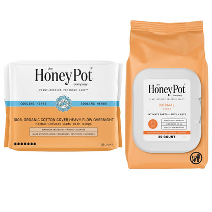 The Honey Pot Company - Heavy Overnight Pads & Normal Feminine Wipes Bundle - Pads Infused w/Essential Oils - Natural Hygiene Feminine Products - Sanitary Pads - Feminine Care - FSA & HSA Eligible