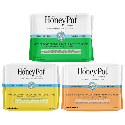 The Honey Pot Company - Herbal Heavy Flow Bundle - Heavy Overnight, Daytime, & Liners - Infused w/Essential Oils for Cooling Effect & Organic Cotton Cover - Sanitary Pads - Feminine Care - FSA
