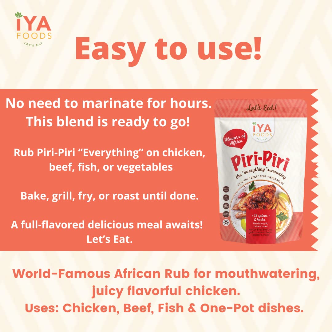 Iya Foods Piri-Piri Seasoning 5oz. Made with Herbs, Peppers & Spices. Free from MSG or Anything Artificial, Rub for Mouth Watering Roasted or Flame Grilled Chicken