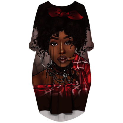 Women's Black History African American Hair Word Art Long Sleeve Pleated Loose Swing Casual Dresses with Pockets T Shirt Dress S