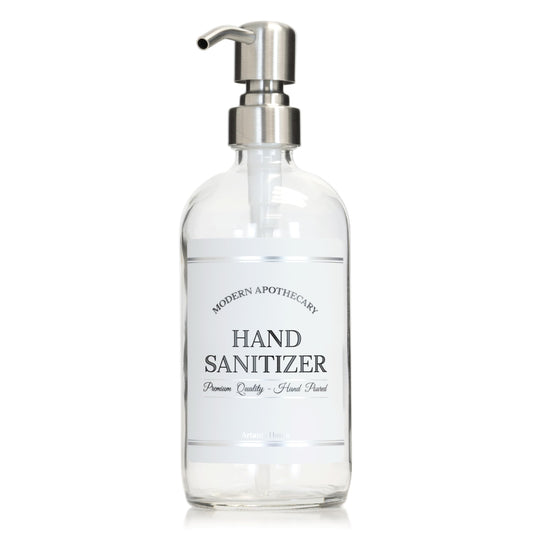 Artanis Home Clear Refillable Hand Sanitizer Dispenser with Pump for Home, Office, Restaurants - Empty Glass Boston Round Bottle - Waterproof Label - 16 oz