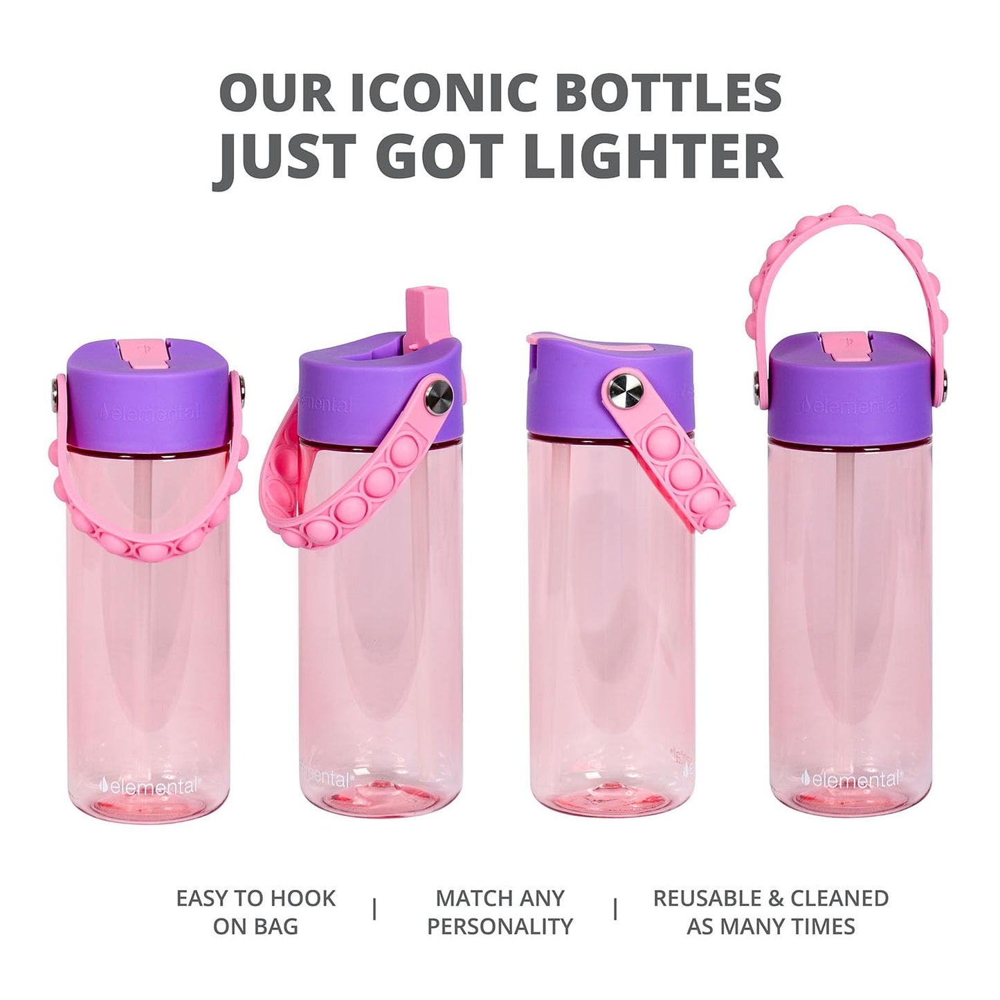 Elemental Leak Proof Water Bottles for Kids - Splash Kids Water Bottle for School with Pop-it Handle - Tritan Plastic Water Bottle with Straw - Unicorn & Rose - 18oz (2 Pack)