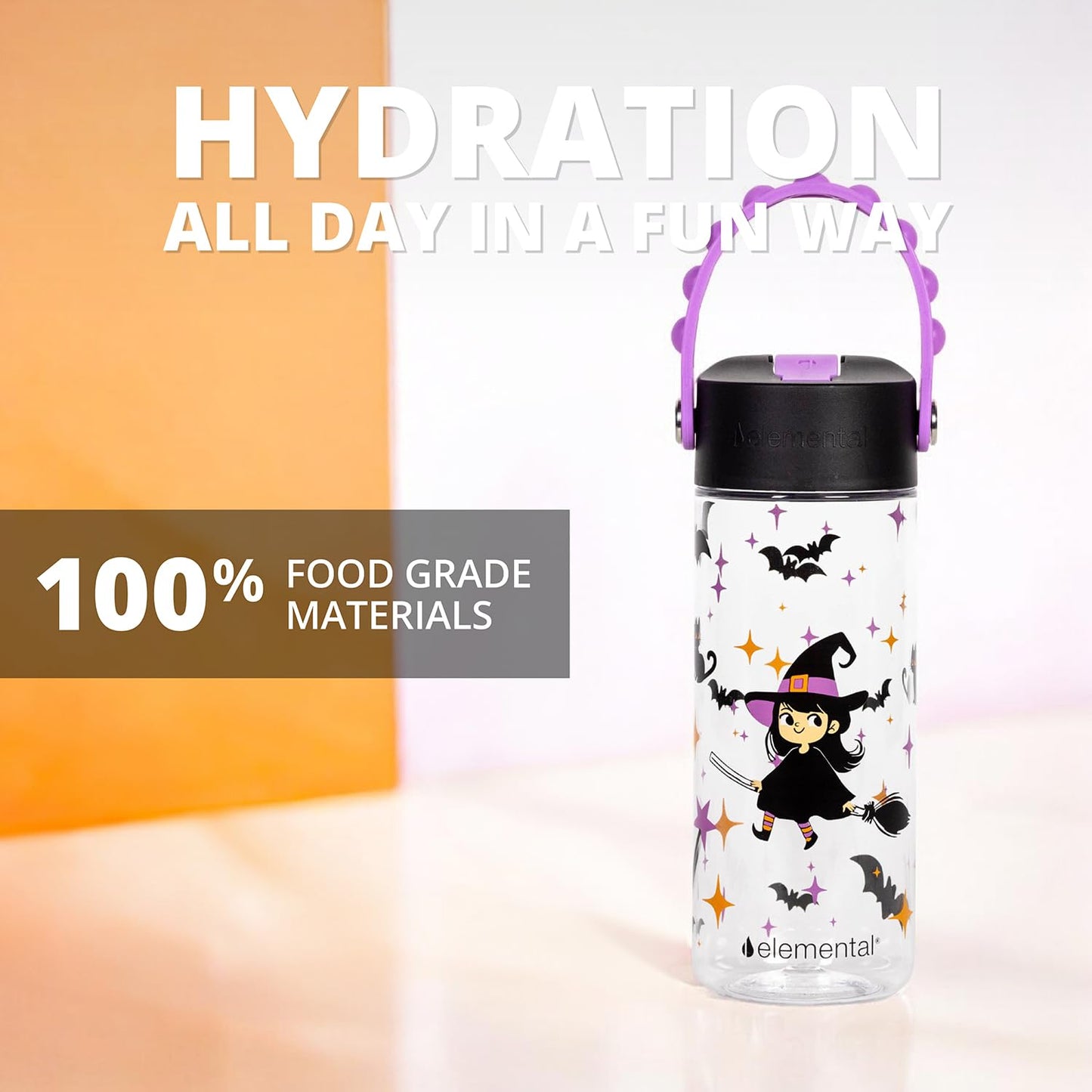 Elemental Leak Proof Water Bottles for Kids - Splash Kids Water Bottle for School with Pop-it Handle - BPA Free Tritan Plastic Reusable Water Bottle with Straw - Little Witch - 18oz