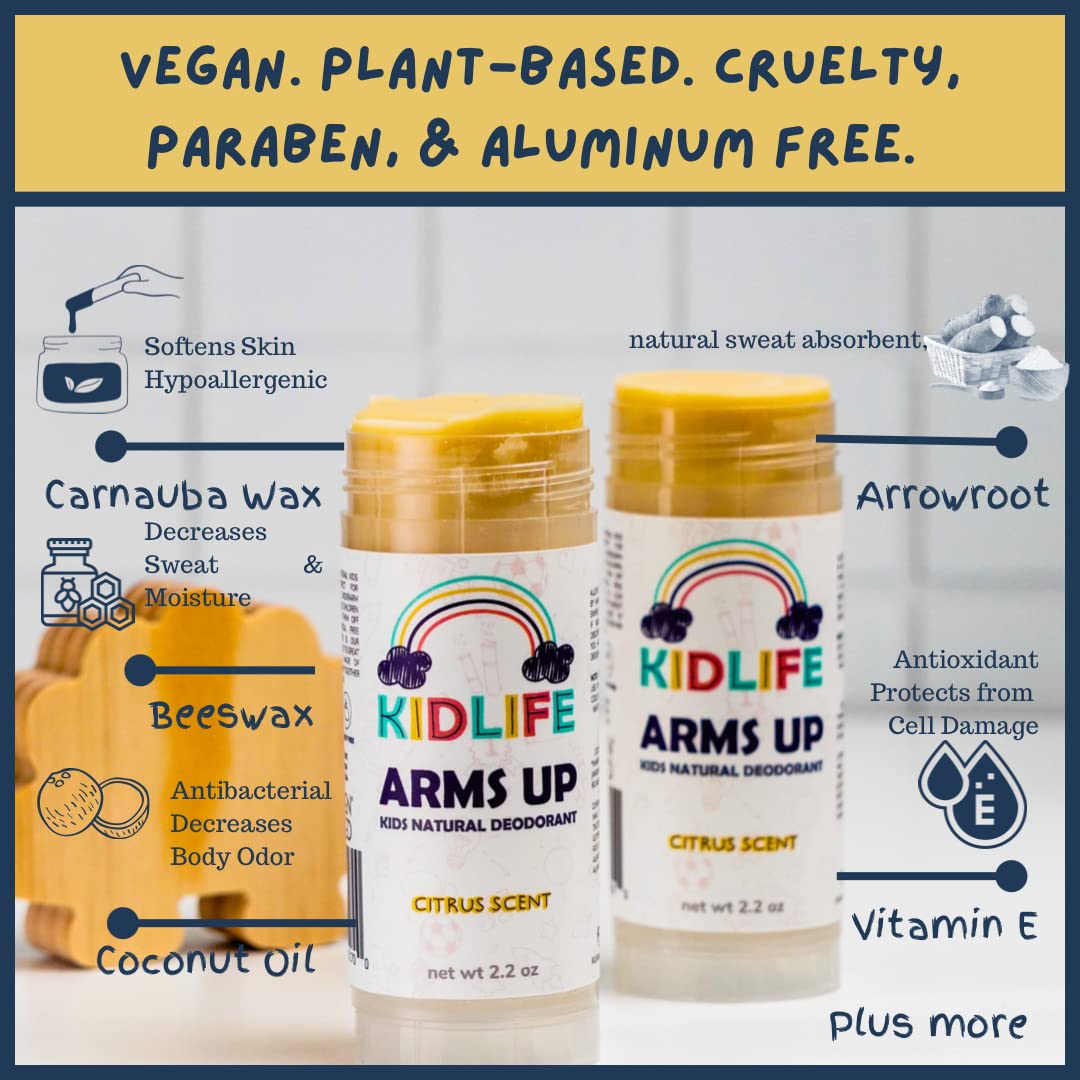 KIDLIFE by KJ3 ESSENTIALS Arm's Up Natural & Organic Kids Aluminium Free deodorant (Citrus- Baking Soda Free) 2.5 oz