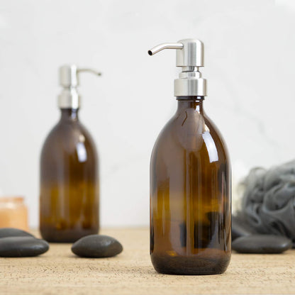 Artanis Home Refillable Amber Glass Dish Hand Soap Lotion Dispenser 16 oz, 2-Pack – Apothecary Bottle with Stainless Steel Pump