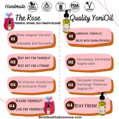 Yoni Oil Gift Set. Rose Toys for Women, Sucking Vibrator with 7 Intense Suction. Feminine Oil Vaginal Health Moisturizer and Soothing Relief (Red) (1)