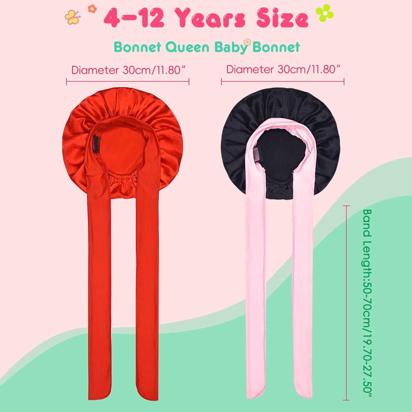 BONNET QUEEN Baby Bonnet Kids Bonnet Infant Satin Silk Hair Bonnets with Tie Band Bow for Girls 4~12 Years 2Pcs Black+Red