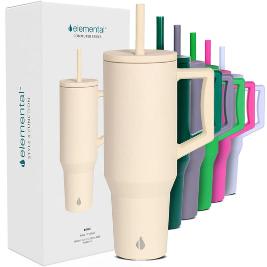 Elemental 40 oz Tumbler with Handle and Straw - Spill Proof Insulated Stainless Steel Commuter for Hot and Cold Beverages - Travel Coffee Mug with 2 Straws & Spill Proof Lid - 40oz - Beige