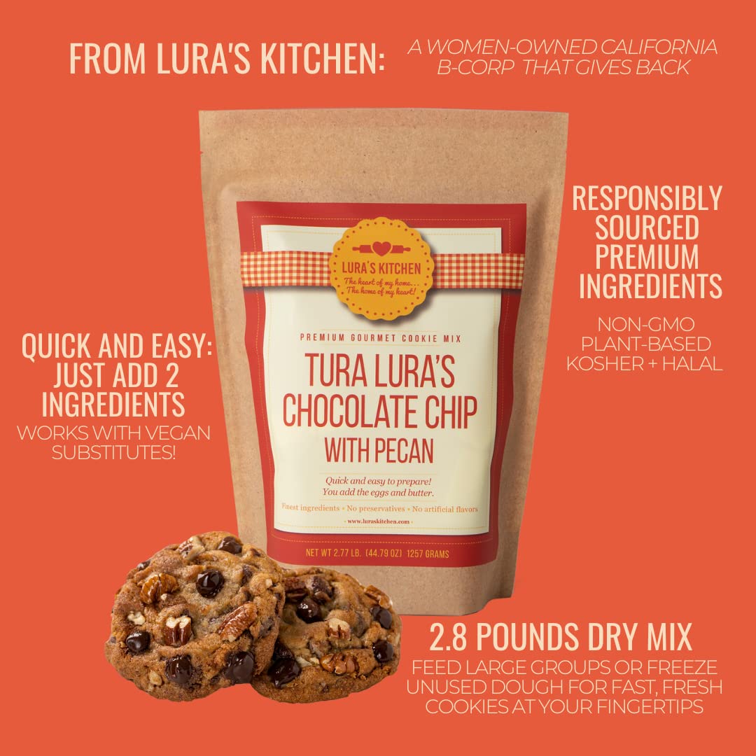 LURA’S KITCHEN IT’S ALL IN THE MIX - Tura Lura’s Chocolate Chip with Pecans (makes 36+ medium cookies) - Gourmet Dry Cookie Dough Mix – American-sourced ingredients – 100% Responsibly Sourced Semi Sweet Chocolate Chips– Texas Pecans - Easy, Fast, No Mess