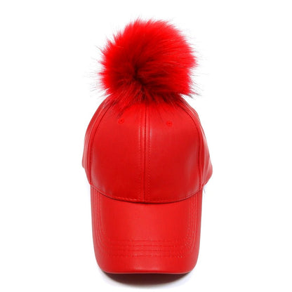 2Chique Boutique Women's Faux Leather Snap Off Pom Pom Hat (Red)