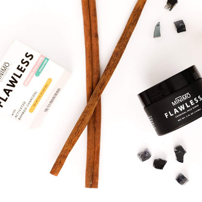 Minimo Flawless Charcoal Face Exfoliating Scrub + Applicator & Moisturizer for Bright Clear Skin Cleanse & Detox - All Natural Activated Charcoal - Fragrance Free for Sensitive Skin (5 oz)